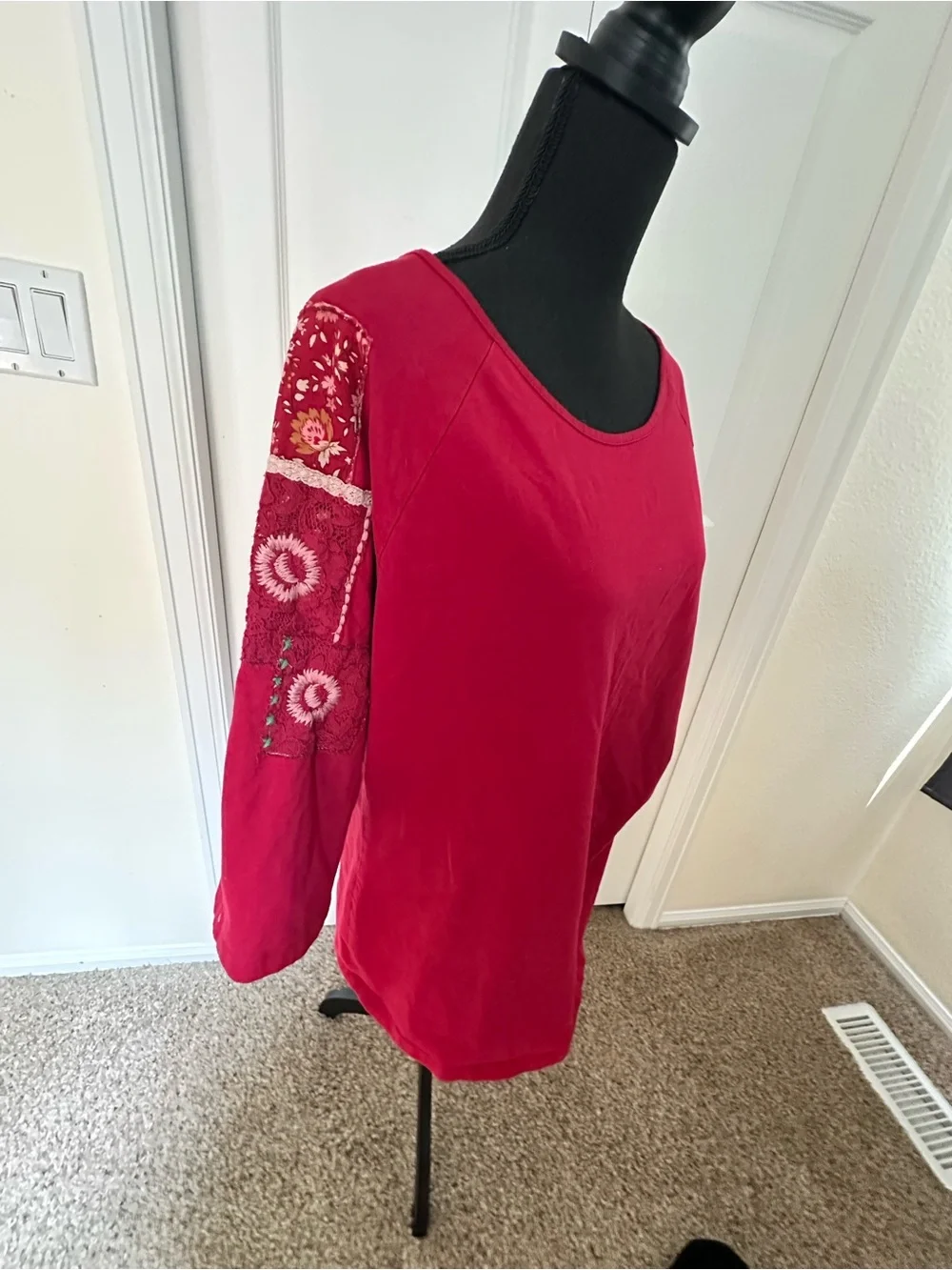 April Cornell Red Embroidered Sleeve Long Sleeve Top